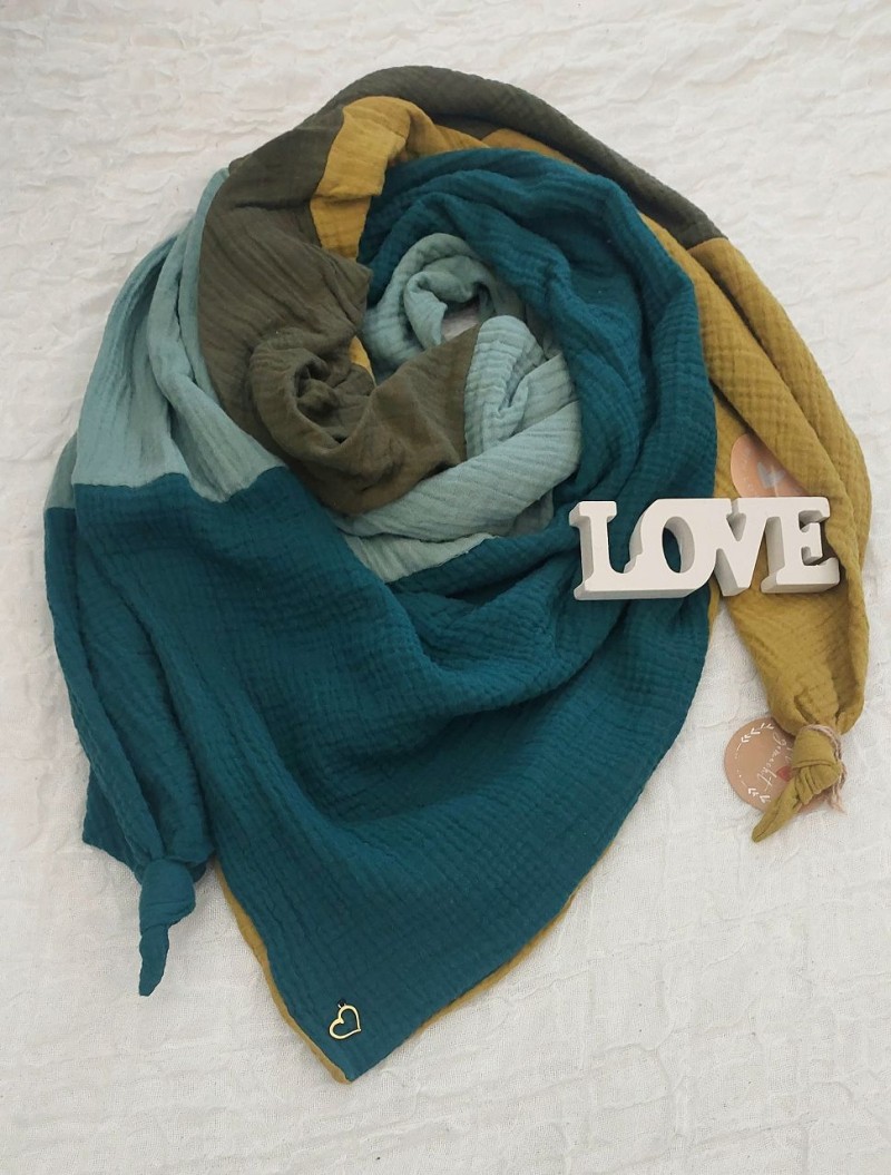 XXL Tuch Musselin petrol/senfgelb/mint/khaki